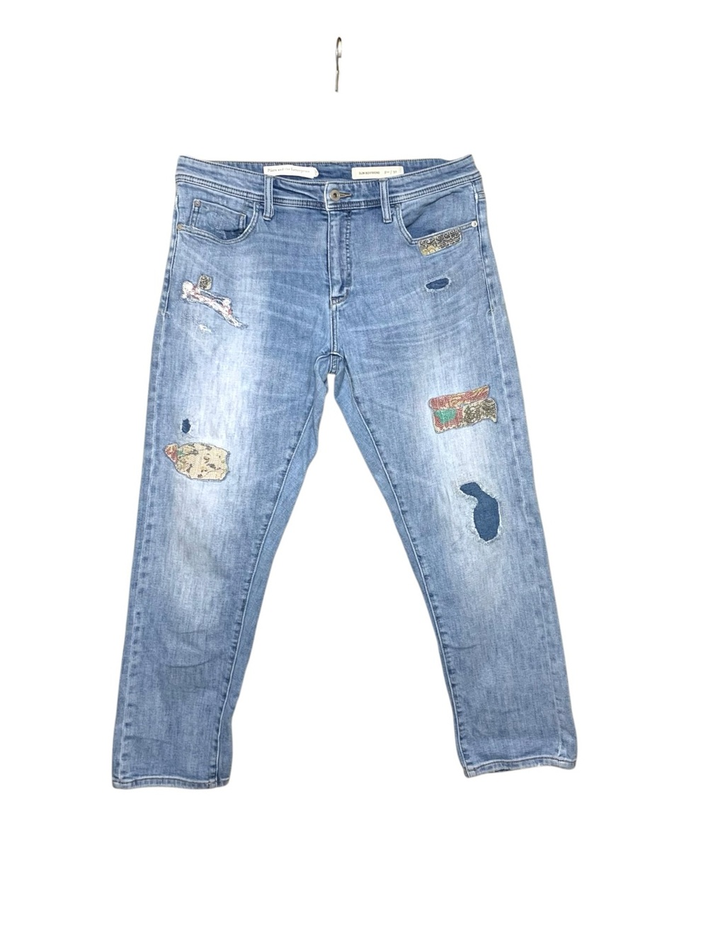 Anthropologie Pilcro Slim Boyfriend Jeans Blue Distressed Patchwork Sz 30